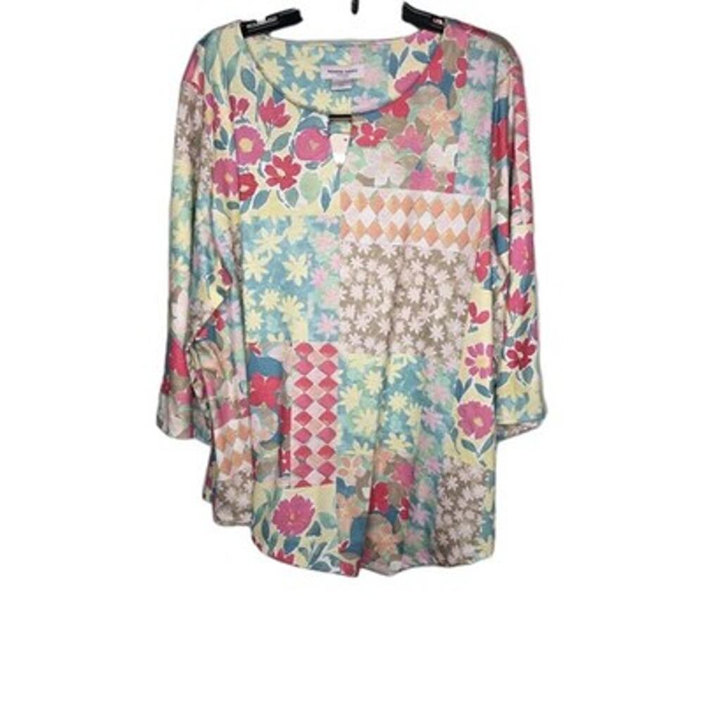Allison Daley Womens Size 2X Multicolor Round Neck Keyhole Uneven Hem Stretch